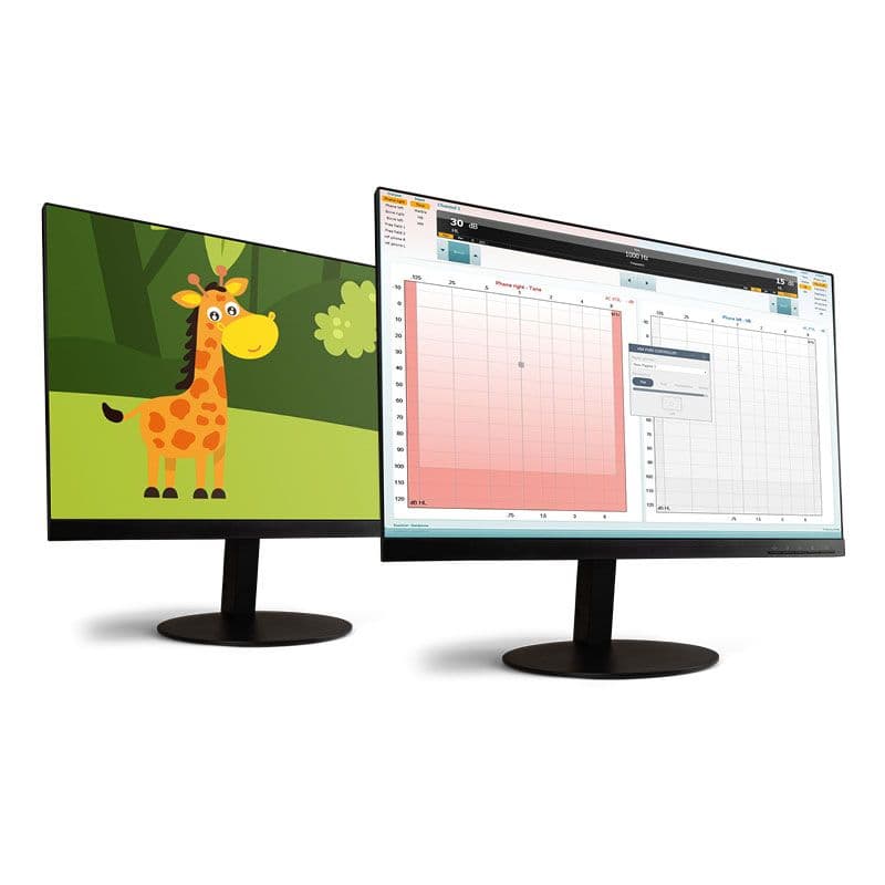 Interacoustics VRA Pure, et audiometri system med en stor skærm, der viser auditive data, og et tastatur til indtastning af data